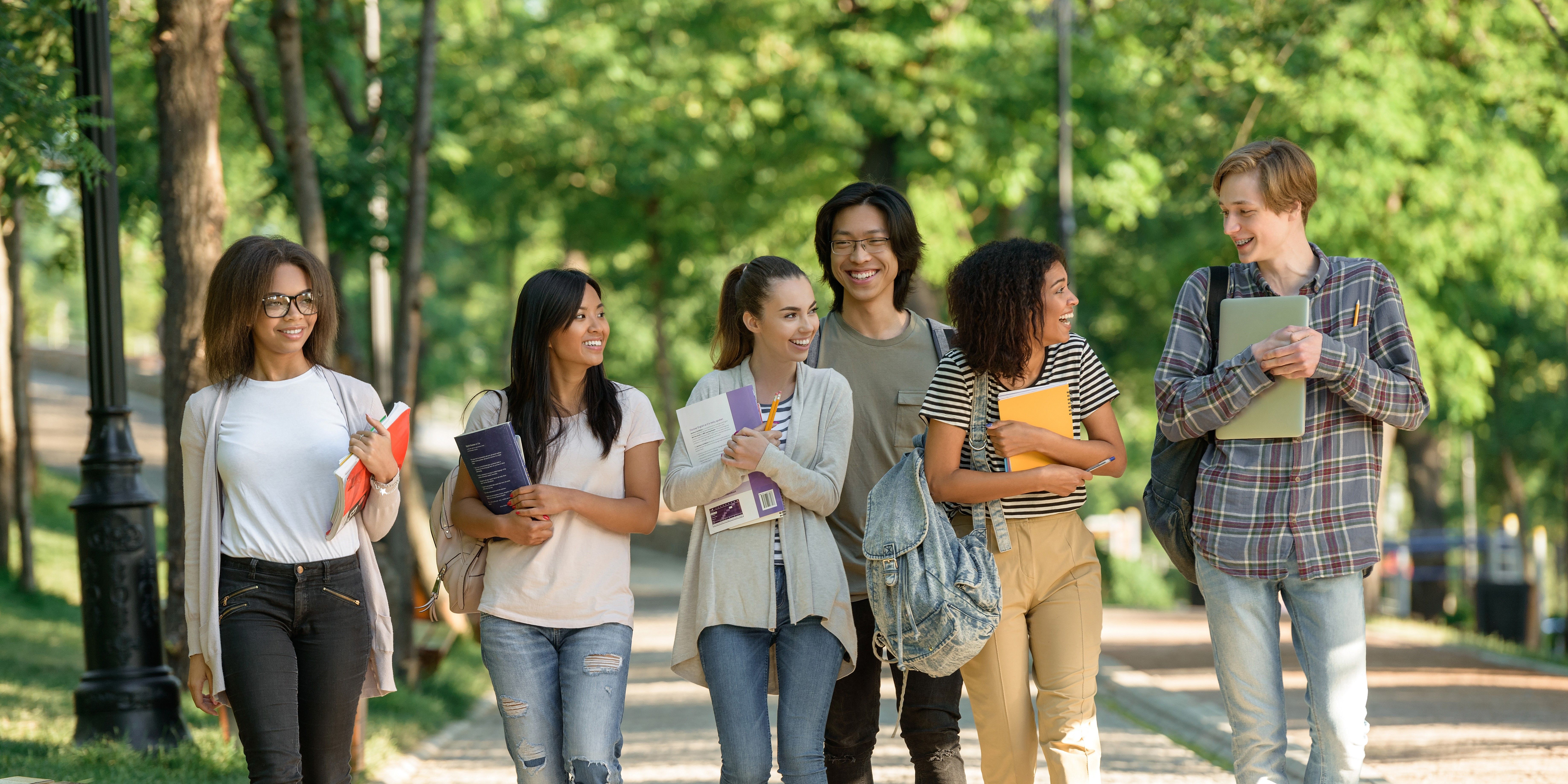 Students walking together on a tree-lined campus path